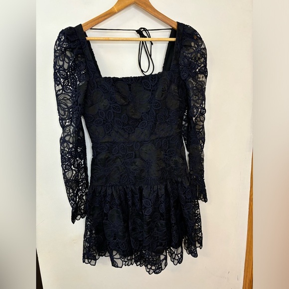 Monique Lhuillier Blue Crochet Lace Organza Long Sleeve Mini Dress - Picture 3 of 11